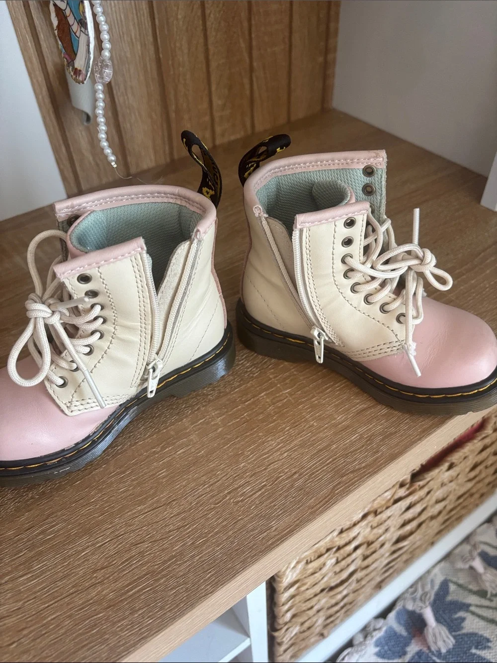 Dr. Martens Pink and Cream Lace-Up Kids Boots